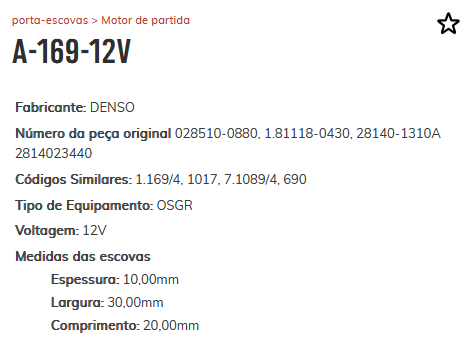A-169 12V - PORTA ESCOVA PARTIDA 12V F1000/ F-250/ F-350/ F-4000 C/ MOTOR CUMMINS - PC