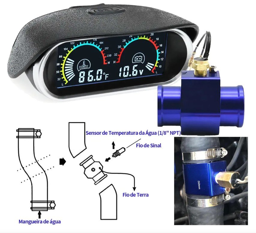 ISO6162 12/24V - RELOGIO DISPLAY - 12/24V - MEDIDOR TEMPERATURA DA AGUA DO MOTOR E VOLTIMETRO (EMB. COM 01 KIT - VALOR DO KIT) - KIT