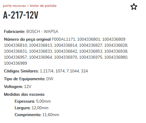 A-217-12V - PORTA ESCOVA PARTIDA BOSCH TOYOTA COROLLA/ 1.8I 16V 98> 2002 - PC