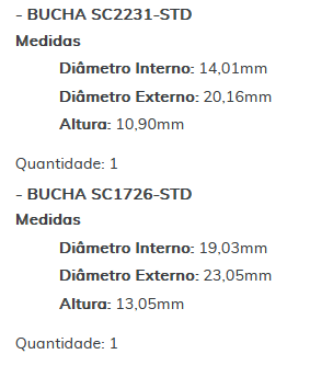 KIT SC1274-STD - KIT BUCHA PARTIDA ISKRA CASE/ VALTRA/ VALMET/ NEW HOLLAND/ ESTE KIT É COMPOSTO POR:     1 - BUCHA SC085-STD/ 1 - BUCHA SC2231-STD/ 1 - BUCHA SC1726-STD - KIT