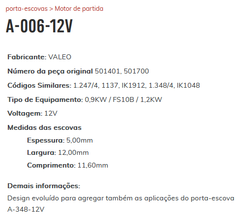 A-006-12V - PORTA ESVOVA PARTIDA VALEO 9KW/ FIESTA/ FORD KA/ COURRIER/ ECOSPORT/ TUCSON - PC A-006-12V - PORTA ESVOVA PARTIDA VALEO 9KW/ FIESTA/ FORD KA/ COURRIER/ ECOSPORT/ TUCSON - PC