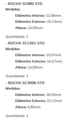 KIT SC1221-STD - KIT BUCHA PARTIDA M.BENS 180D COM MT 616/ SPRINTER/ ESTE KIT É COMPOSTO POR:   1   - BUCHA SC1101-STD/ 1 - BUCHA SC080-STD/ 1 - BUCHA SC1261-STD/ 1 - BUCHA SC3008-STD - KIT