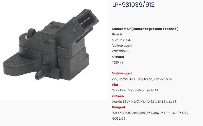 LP912 - SENSOR MAP VW GOL/ PARATI 1.0 16V KOMBI 1.6 MI/ UNO/ FIORINO 1.6 MI - UN