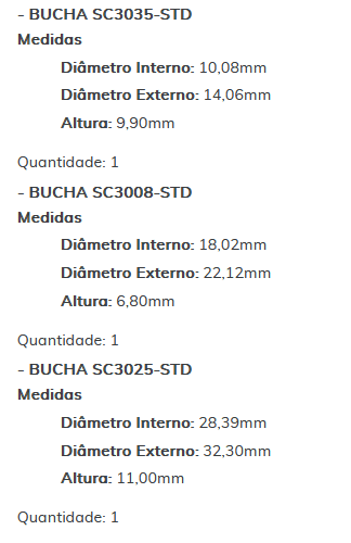 KIT SC1204-STD - KIT BUCHA PARTIDA GOL MI/ GOLF/ FIESTA 1.4/ VECTRA/ ESTE KIT É COMPOSTO POR:     1 - BUCHA SC1963-STD/ 1 - BUCHA SC3035-STD/ 1 - BUCHA SC3008-STD/ 1 - BUCHA SC3025-STD - KIT