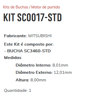KIT SC0017-STD - KIT BUCHA PARTIDA NISSAN/ ESTE KIT É COMPOSTO POR: 1-BUCHA SC3460-STD/ 1-BUCHA SC2206-STD/ 1-BUCHA SC3035-STD/ 1-BUCHA SC2286-STD - KIT KIT SC0017-STD - KIT BUCHA PARTIDA NISSAN/ ESTE KIT É COMPOSTO POR: 1-BUCHA SC3460-STD/ 1-BUCHA SC2206-STD/ 1-BUCHA SC3035-STD/ 1-BUCHA SC2286-STD - KIT