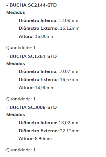 KIT SC1212-STD - KIT BUCHA PARTIDA PRESTOLITE/ F250/ SILVE/ RANG/ SPRINTER/ ESTE KIT É COMPOSTO POR: 1     - BUCHA SC1101-STD/ 1 - BUCHA SC2144-STD/ 1 - BUCHA SC1261-STD/ 1 - BUCHA SC3008-STD - KIT