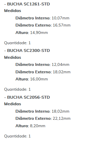 KIT SC2129-STD - KIT BUCHA PARTIDA F250/ FRONTIER/ S10 - ESTE KIT É COMPOSTO POR: 1-BUCHA SC1101-STD/ 1-BUCHA SC1261-STD/ 1-BUCHA SC2300-STD/ 1-BUCHA SC2056-STD - KIT