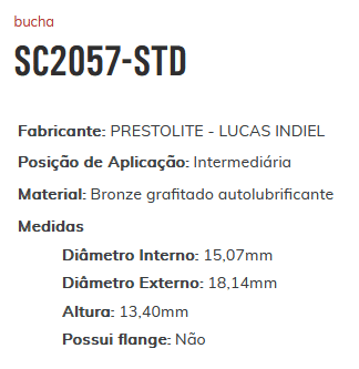 SC2057-STD - BUCHA PARTIDA LUCAS INDIEL FORD/MB/VALTRA/CUMMINS - PC SC2057-STD - BUCHA PARTIDA LUCAS INDIEL FORD/MB/VALTRA/CUMMINS - PC