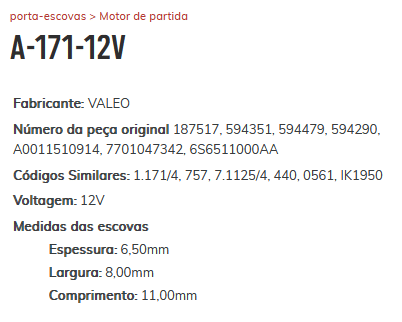 A-171-12V - PORTA ESCOVA PARTIDA VALEO PALIO/ ASTRA/ CELTA/ CORSA/ PEUGEOT/ RENAULT - PC A-171-12V - PORTA ESCOVA PARTIDA VALEO PALIO/ ASTRA/ CELTA/ CORSA/ PEUGEOT/ RENAULT - PC