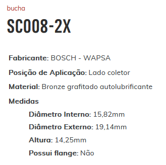 SC008-2X - BUCHA PARTIDA MASSEY FERGUSON - TRATORES - PK 06 CIL. 71 2X - 15,95 X 19,14 X 14,25 MM - PC