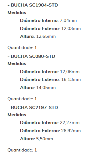 KIT SC1229-STD - KIT BUCHA PARTIDA DELCO ASTRA/ BLAZER/ S10/ NOVO CORSA ESTE KIT É COMPOSTO POR: 1-BUCHA SC2198-STD/ 1-BUCHA SC1904-STD/ 1-BUCHA SC080-STD/ 1-BUCHA SC2197-STD - KIT