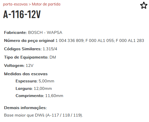 A-116-12V - PORTA ESCOVA PARTIDA VW GOL/ PARATI/ FORD KA/ PALIO/ SIENA/ GM CORSA/ CITROEN/ PEUGEOT - PC A-116-12V - PORTA ESCOVA PARTIDA VW GOL/ PARATI/ FORD KA/ PALIO/ SIENA/ GM CORSA/ CITROEN/ PEUGEOT - PC