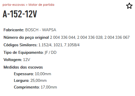 A-152-12V - PORTA ESCOVA PARTIDA FORD/ IVECO/ MB/ VOLVO/ PART. JF PARAF - PC