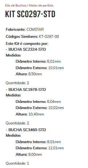 KIT SC0297 - STD - KIT BUCHA PARTIDA RENAULT/ ESTE KIT É COMPOSTO POR:     2 - BUCHA SC2324-STD/ 2 - BUCHA SC1978-STD/ 1 - BUCHA SC3460-STD - KIT