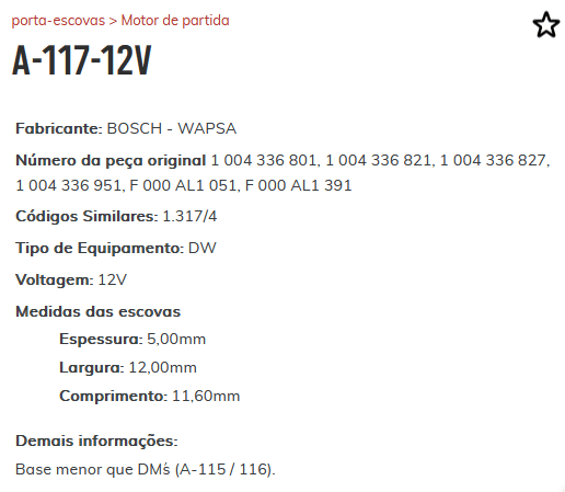 A-117-12V - PORTA ESCOVA PARTIDA GOL/ PALIO/ SIENA/ ESCORT/ CITROEN XSARA/ NISSAN SENTRA - PC