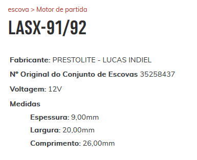 EP-LASX-91/92 - ESCOVA PARTIDA LUCAS FORD F1000 -  F4000 - PEUGEOT 504 - 12V 9 X 20 X 26 MM - JG