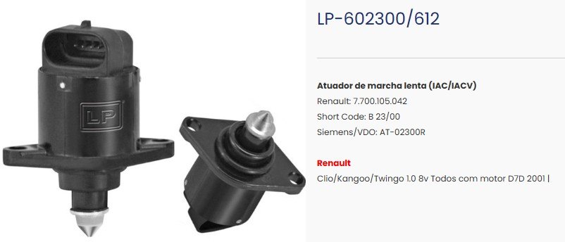 LP612 - ATUAD. MARCHA LENTA RENAULT TODOS C/MOTOR D7D - UN