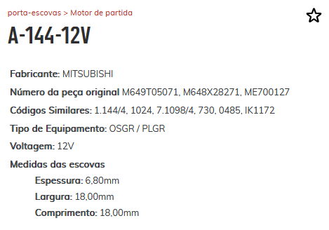 A-144-12V - PORTA ESCOVA PARTIDA TORO/ MITSUBIHI L200/ NISSAN/ FRONTIER/ H100 - PC A-144-12V - PORTA ESCOVA PARTIDA TORO/ MITSUBIHI L200/ NISSAN/ FRONTIER/ H100 - PC