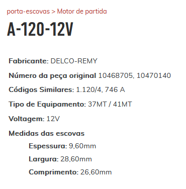 A-120-12V - PORTA ESCOVA PARTIDA 12V 37MT/ 41MT GM/ CUMMINS/ FORD/ VW - PC A-120-12V - PORTA ESCOVA PARTIDA 12V 37MT/ 41MT GM/ CUMMINS/ FORD/ VW - PC