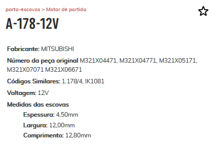 A-178-12V - PORTA ESCOVA PARTIDA PAJERO/ FUSION - PC