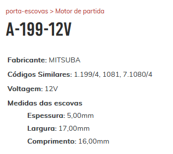 A-199 12V - PORTA ESCOVA PARTIDA MITSUBA/ CIVIC/ ACCORD/ OASIS - PC