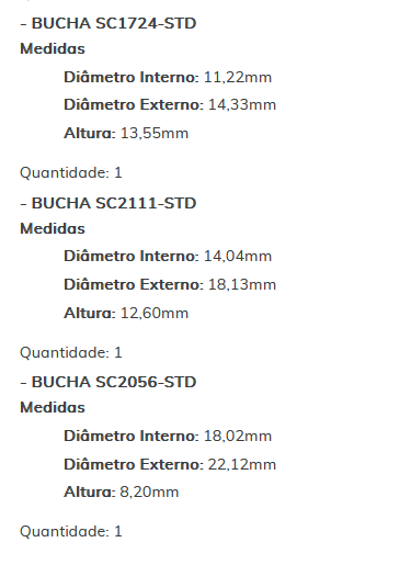 KIT SC1242-STD - KIT BUCHA PARTIDA PREST M93R CAM VW/ SPRINT/ F250/ ESTE KIT É COMPOSTO POR: 1 - BUCHA SC1963-STD/ 1 - BUCHA SC1724-STD/ 1 - BUCHA SC2111-STD/ 1 - BUCHA SC2056-STD - KIT KIT SC1242-STD - KIT BUCHA PARTIDA PREST M93R CAM VW/ SPRINT/ F250/ ESTE KIT É COMPOSTO POR: 1 - BUCHA SC1963-STD/ 1 - BUCHA SC1724-STD/ 1 - BUCHA SC2111-STD/ 1 - BUCHA SC2056-STD - KIT