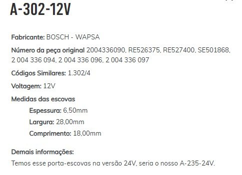 A-302-12V - PORTA ESCOVA PARTIDA BOSCH 12V, JOHN DEERE, CASE, KOMATSU, NEW HOLLAND (EMB. COM 01 PECA - VALOR UNITARIO) - PC A-302-12V - PORTA ESCOVA PARTIDA BOSCH 12V, JOHN DEERE, CASE, KOMATSU, NEW HOLLAND (EMB. COM 01 PECA - VALOR UNITARIO) - PC