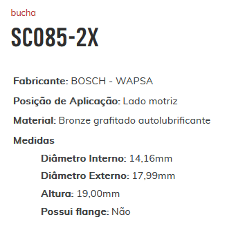 SC085-2X - BUCHA PARTIDA PK - LD MOTRIZ 2X - 14,16 X 17,99 X 19,00 MM - PC