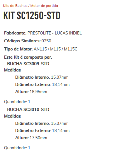 KIT SC1250-STD - KIT BUCHA PARTIDA LUCAS/ F1000/ D20/ JONH-DERE/ MOT. DIESEL/ ESTE KIT É COMPOSTO POR:     1 - BUCHA SC3009-STD/ 1 - BUCHA SC3010-STD - KIT