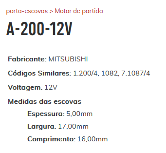 A-200 12V - PORTA ESCOVA PARTIDA MITSUBISHI/ CIVIC/ ACCORD/ ACURA - PC A-200 12V - PORTA ESCOVA PARTIDA MITSUBISHI/ CIVIC/ ACCORD/ ACURA - PC