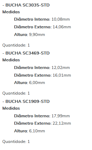 KIT SC0008-STD - KIT BUCHA PARTIDA FIAT ARGO 3 CIL/ MOBI/ UNO NOVO 3 CIL/ ESTE KIT É COMPOSTO POR: 1-BUCHA SC1871-STD/ 1-BUCHA SC3035-STD/ 1-BUCHA SC3469-STD/ 1-BUCHA SC1909-STD - KIT KIT SC0008-STD - KIT BUCHA PARTIDA FIAT ARGO 3 CIL/ MOBI/ UNO NOVO 3 CIL/ ESTE KIT É COMPOSTO POR: 1-BUCHA SC1871-STD/ 1-BUCHA SC3035-STD/ 1-BUCHA SC3469-STD/ 1-BUCHA SC1909-STD - KIT