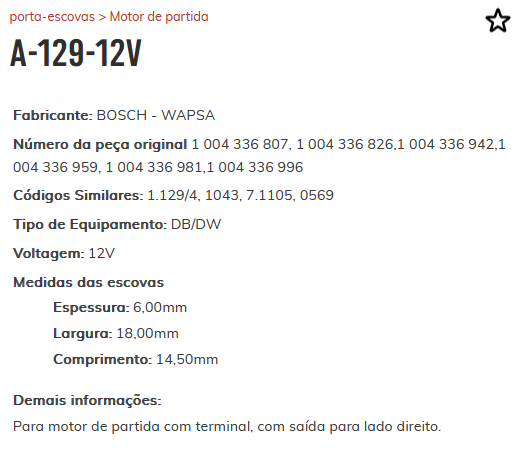 A-129 12V - PORTA ESCOVA PARTIDA HILUX/ COURIER 1.8 DIESEL/ ESCORT/ PASSAT IMPORTADO - PC
