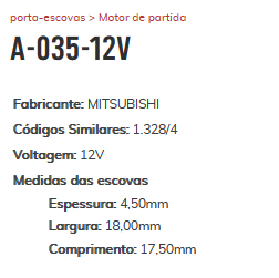 A-035-12V - PORTA ESCOVA PARTIDA 12V MITSUBISHI/ TRACKER/ CRUZE - PC