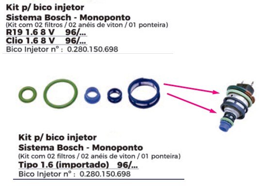ISO1902064 - REPARO BICO INJETOR SISTEMA BOSCH MONOPONTO/ RENAUT/ CLIO (EMB. COM 02 FILTROS, 02 ANEIS DE VITON, 01 PONTEIRA - PREÇO DO KIT) - KIT ISO1902064 - REPARO BICO INJETOR SISTEMA BOSCH MONOPONTO/ RENAUT/ CLIO (EMB. COM 02 FILTROS, 02 ANEIS DE VITON, 01 PONTEIRA - PREÇO DO KIT) - KIT