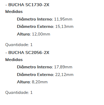 KIT SC1243-2X - KIT BUCHA PARTIDA BOSCH/ F250/ F350/ DUCATO/ SPRINTER/ MB/ ESTE KIT É COMPOSTO POR: 1 - BUCHA SC1963-2X / 1 - BUCHA SC1724-2X/ 1 - BUCHA SC1730-2X/ 1 - BUCHA SC2056-2X - KIT KIT SC1243-2X - KIT BUCHA PARTIDA BOSCH/ F250/ F350/ DUCATO/ SPRINTER/ MB/ ESTE KIT É COMPOSTO POR: 1 - BUCHA SC1963-2X / 1 - BUCHA SC1724-2X/ 1 - BUCHA SC1730-2X/ 1 - BUCHA SC2056-2X - KIT
