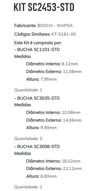 KIT SC2453 STD - KIT BUCHA PARTIDA COROLLA/ HILLUX/ FILDER - ESTE KIT CONTEM  1-SC1101/ 2-SC3035/ 1-SC3008 - KIT