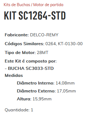 KIT SC1264-STD - KIT BUCHA PARTIDA SPRINTER/ CAM. - ESTE KIT E COMPOSTO POR: 1-BUCHA SC3033-STD/ 1-BUCHA ROLAMENTO REF. 6200-2RS/ 1-BUCHA ROLAMENTO REF. 6003-2RS/ 1-BUCHA ROLAMENTO REF. 6005-2RS - KIT