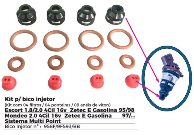 ISO1902024 - REPARO BICO INJETOR FORD/ 4 CILINDROS/ ZETEC 16V (EMB. COM 04 FILTRO, 04 PONTEIRAS, 8 ANEIS DE VITON - PREÇO DO KIT) - KIT