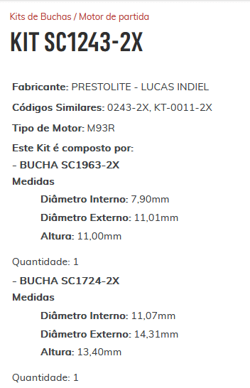 KIT SC1243-2X - KIT BUCHA PARTIDA BOSCH/ F250/ F350/ DUCATO/ SPRINTER/ MB/ ESTE KIT É COMPOSTO POR: 1 - BUCHA SC1963-2X / 1 - BUCHA SC1724-2X/ 1 - BUCHA SC1730-2X/ 1 - BUCHA SC2056-2X - KIT KIT SC1243-2X - KIT BUCHA PARTIDA BOSCH/ F250/ F350/ DUCATO/ SPRINTER/ MB/ ESTE KIT É COMPOSTO POR: 1 - BUCHA SC1963-2X / 1 - BUCHA SC1724-2X/ 1 - BUCHA SC1730-2X/ 1 - BUCHA SC2056-2X - KIT