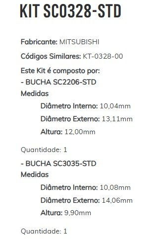 KIT SC0328 STD - KIT BUCHA PARTIDA MITSUBICHI/ TORO/ COMPASS/ VERSA/ SERATA/ FUSION - ESTE KIT CONTEM 1-SC2206/ 1-SC3035 - KIT KIT SC0328 STD - KIT BUCHA PARTIDA MITSUBICHI/ TORO/ COMPASS/ VERSA/ SERATA/ FUSION - ESTE KIT CONTEM 1-SC2206/ 1-SC3035 - KIT