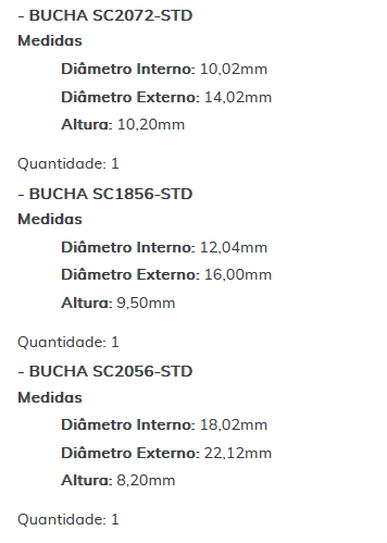 KIT SC1216-STD - KIT BUCHA PARTIDA BOSCH HILUX 3.0/ ESTE KIT É COMPOSTO POR: 1 - BUCHA SC2024-STD/ 1 - BUCHA SC2072-STD/ 1 - BUCHA SC1856-STD/ 1 - BUCHA SC2056-STD - KIT