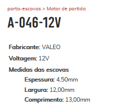 A-046-12V - PORTA ESCOVA PARTIDA VALEO HYUNDAI/ KIA/ TUCSON 12V - PC