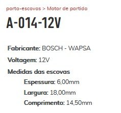 A-014-12V - PORTA ESCOVA PARTIDA 12V BOSCH/ GOLF/ AUDI/ BOXER/ JUMPER - PC A-014-12V - PORTA ESCOVA PARTIDA 12V BOSCH/ GOLF/ AUDI/ BOXER/ JUMPER - PC