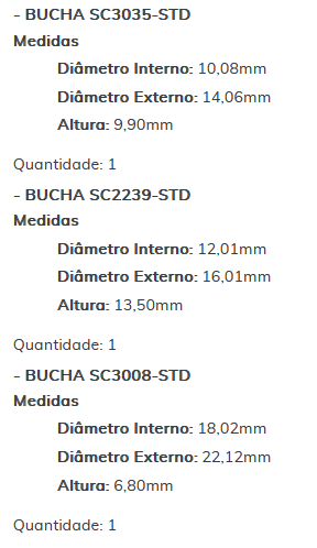 KIT SC2136-STD - KIT BUCHA PARTIDA HILUX 2.8 SW4 2.5 PITBULL 3.0 06/ ESTE KIT É COMPOSTO POR: 1 - BUCHA SC1963-STD/ 1 - BUCHA SC3035-STD/ 1 - BUCHA SC2239-STD/ 1 - BUCHA SC3008-STD - KIT KIT SC2136-STD - KIT BUCHA PARTIDA HILUX 2.8 SW4 2.5 PITBULL 3.0 06/ ESTE KIT É COMPOSTO POR: 1 - BUCHA SC1963-STD/ 1 - BUCHA SC3035-STD/ 1 - BUCHA SC2239-STD/ 1 - BUCHA SC3008-STD - KIT