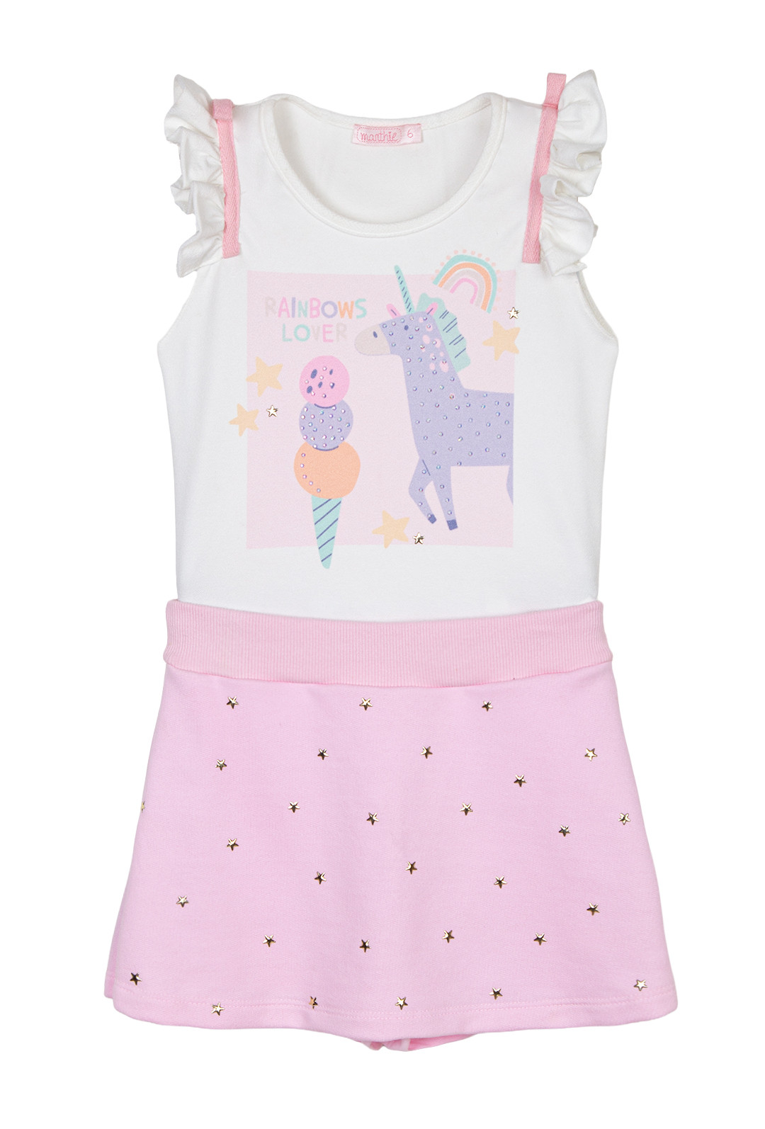 Conjunto unicórnio com shorts saia