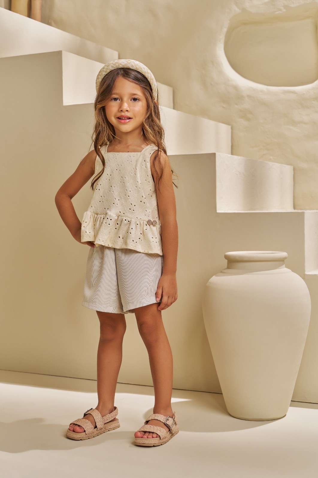 CONJUNTO BATA PEPLUM EM LAISE E SHORTS EM ALFAIATARIA SUMMER RIVIERA