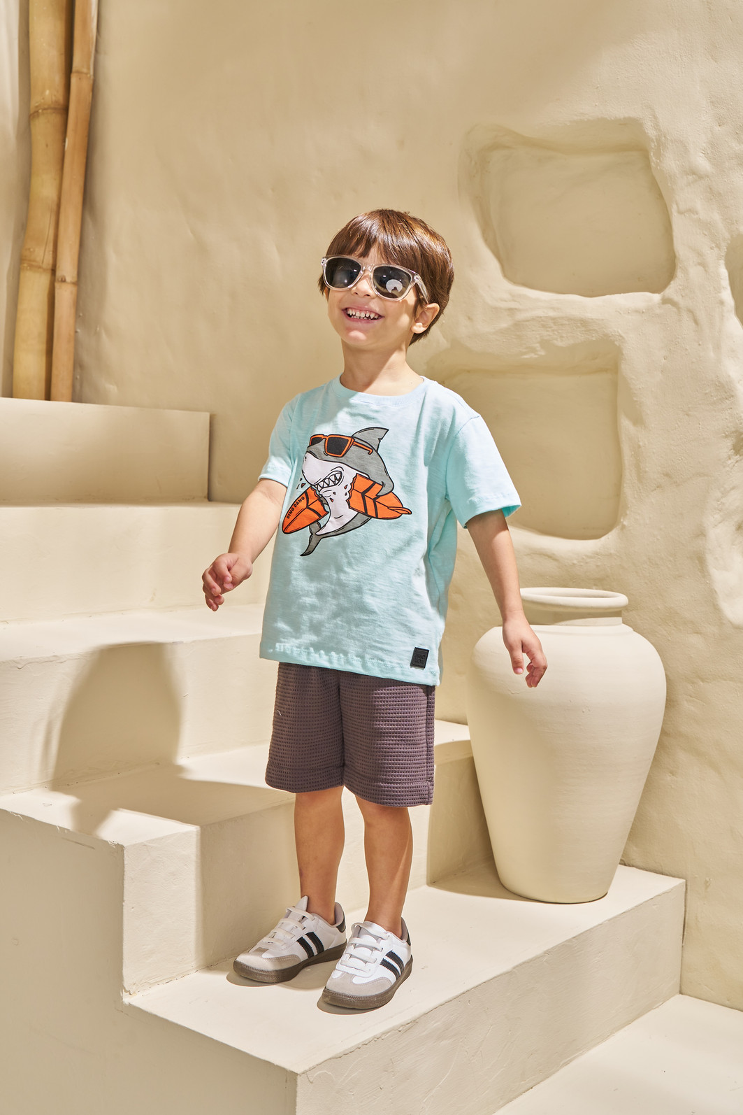 CONJUNTO T-SHIRT EM FLAMÊ E SHORT EM MALHA WAFFLE