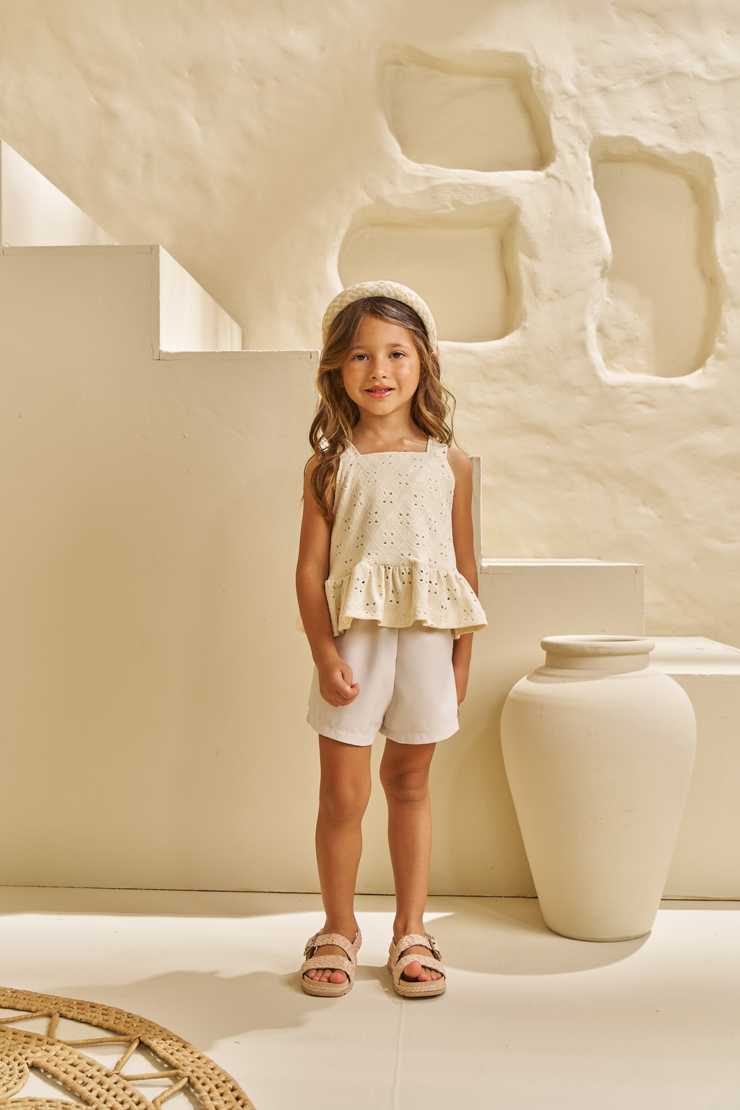 CONJUNTO BATA PEPLUM EM LAISE E SHORTS EM ALFAIATARIA SUMMER RIVIERA