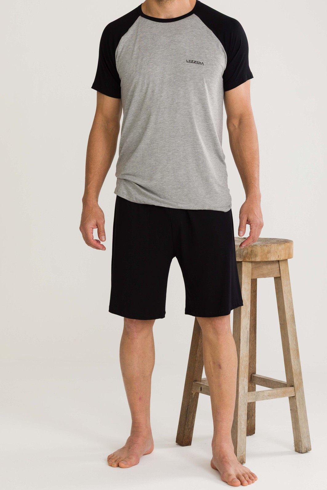 PIJAMA MASCULINO MANGA CURTA RAGLÃ PRETO MESCLA PIJAMA MASCULINO MANGA CURTA RAGLÃ PRETO MESCLA