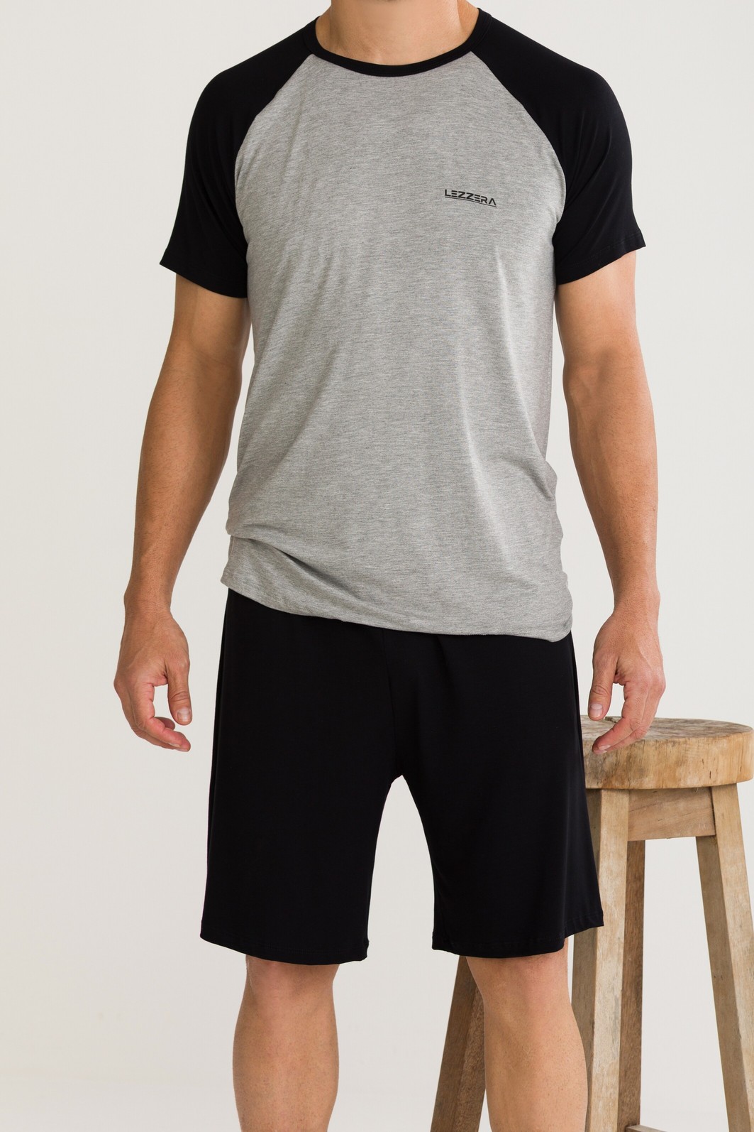 PIJAMA MASCULINO MANGA CURTA RAGLÃ PRETO MESCLA PIJAMA MASCULINO MANGA CURTA RAGLÃ PRETO MESCLA